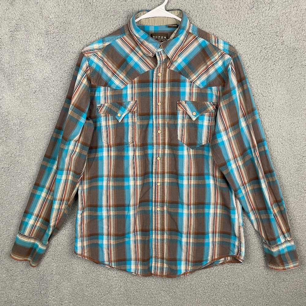 ROPER Snap Button Shirt Mens M Plaid Collared Pockets Western Cowboy Blue Brown